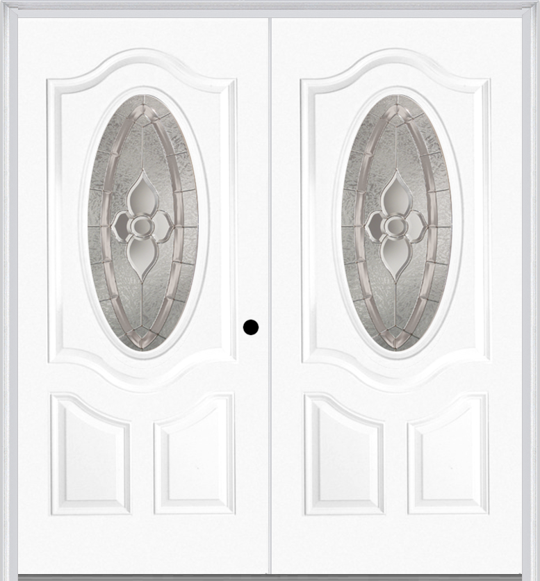 MMI Twin/Double Small Oval 2 Panel Deluxe 6'8" Fiberglass Smooth Nouveau Brass, Nouveau Nickel, Or Nouveau Patina Decorative Glass Exterior Prehung Door 749